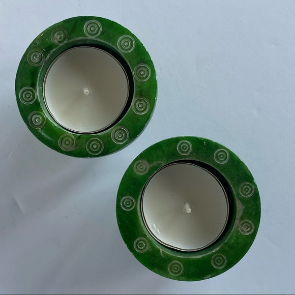 Soapstone Votive Candle Holders 2 Kelly Green Carved Round Etched swirled EUC - Picture 9 of 14